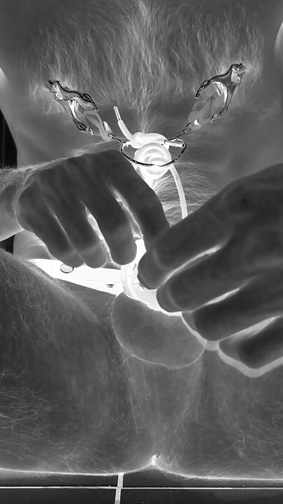 Multiple ruined orgasms in chastity cage with 30cm long penis plug