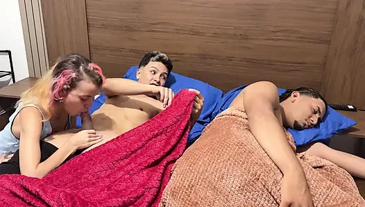 Hot stepbrother couple have sex while their stepfather is not watching.