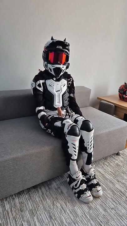 Motorcyclist in Gear Cum Hot on Himself