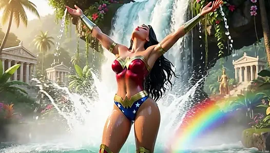 Wonder woman bersantai sambil bugil di themyscira paradise island dengan crystal lagoon dan air terjun yang kuat