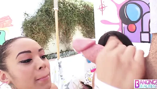 Four Sluts Team Up To Deepthroat Big Cock In Nasty Threesome