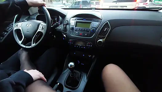 Stepmom in nylons on a car ride with stepson