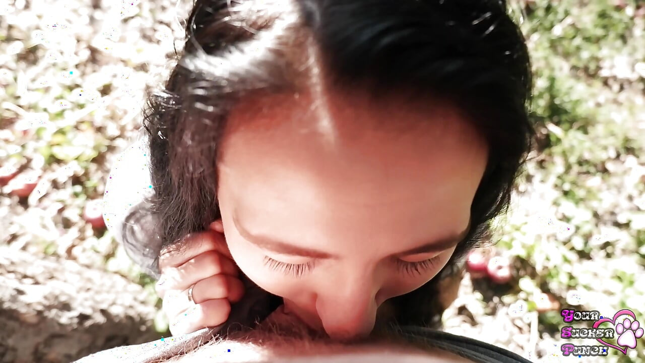 Outdoor submissive blowjob with massive cumshot on her face and eyes