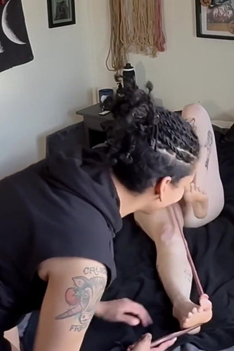 Stud Ties up and Finger Fucks GF. Spanks Legs, Feet, and Pussy