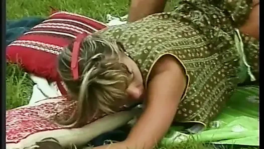 Horny cock sucking guy gets ass ravaged while fucking a hot bitch on the lawn