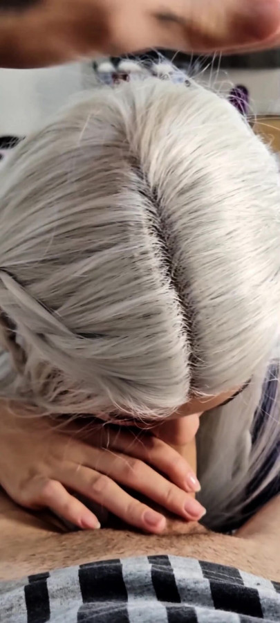 Submissive Sloppy Deepthroat in White Wig & Blue Contacts - Debora Swallowing Wellington's Thick Cock + Slow Stretching | Clip 1