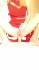 Hot blonde in red dress masturbation