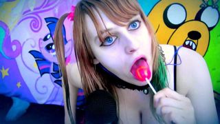 Beauty Sucking and Licking Lollipop Ear to Ear. ASMR