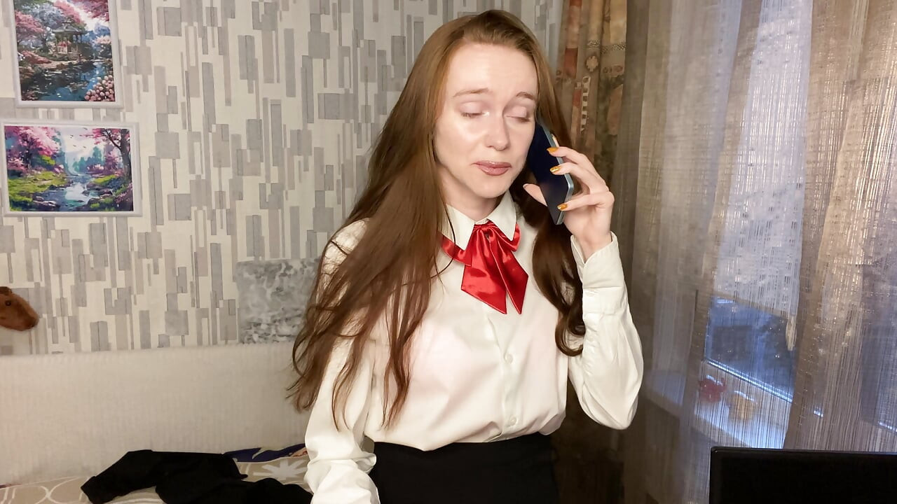 School girl can't concentrate and pushes her kitty to be pleased