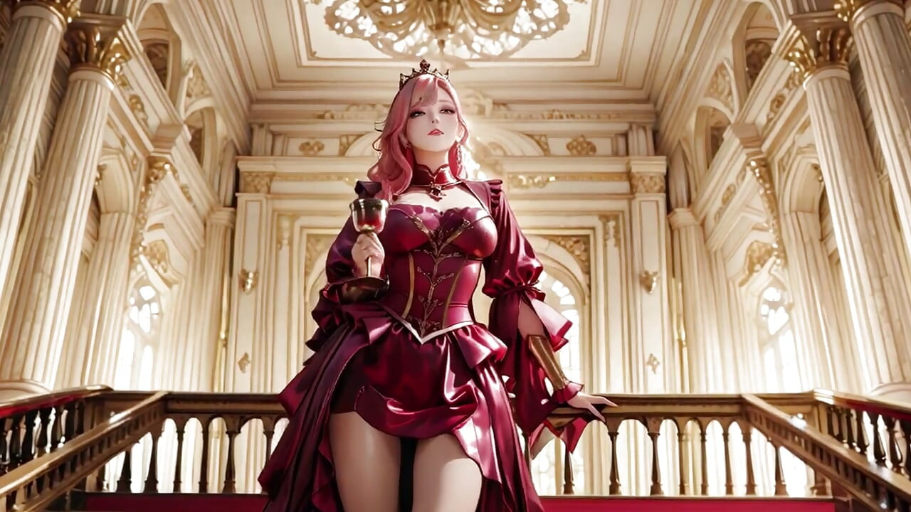 The Pink Queen's Coronation! Deep red silk, golden goblet, and a lazy gaze from the throne. Pure fantasy.