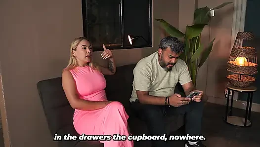 Blonde stepmother with big tits has fun with her stepson while her husband isn't looking.