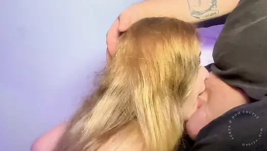 Spitting in blonde's mouth to help her give a hands-free blowjob
