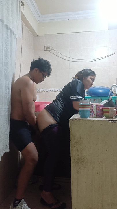 I fuck my stepsister in the kitchen, my aunt almost discovers us | Clip 1
