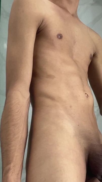 Thin Guy Takes a Shower and While Jerking His Huge Hard and Hard Cock
