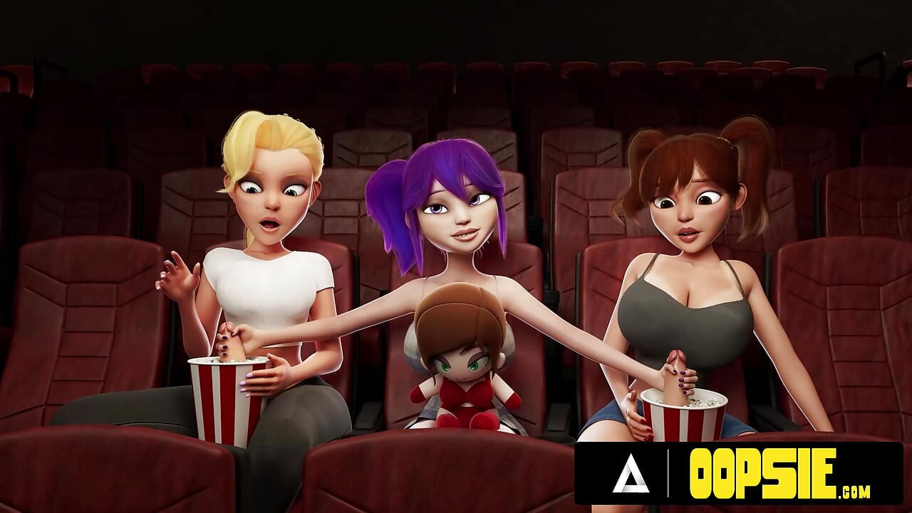 Oopsie - tiga teman futanari mencambuk untuk threesome hardcore liar di bioskop! ANIMASI PORNO!