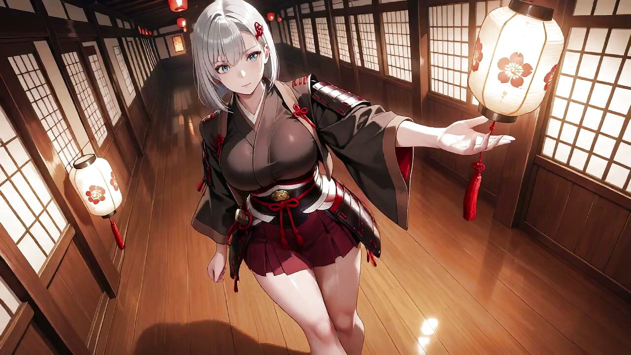Soukromé dojo stříbrovlasé samurajky! Červeno-černé kimono lehce rozhalené, v rukou dvojice mečů, ale nepopiratelně svůdná.
