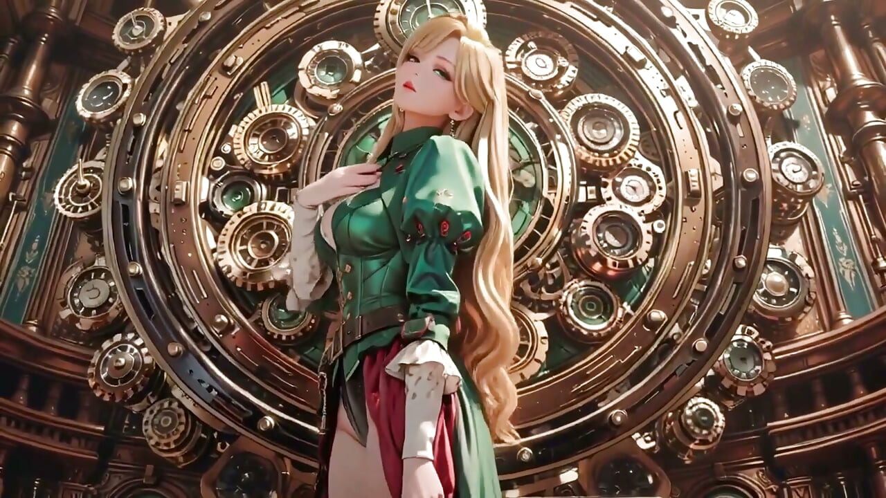 蒸汽朋克金发秘书! 在巨大的齿轮中懒惰的姿势