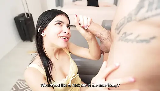 Anal CUMSHOT-A petite Latina gets her ass fucked hard because her guest was dissatisfied with the room!