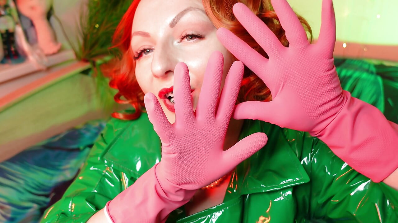 Pretty pin up model Arya and pink latex household gloves