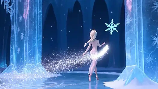 Atemberaubende nackte Elsa anmutige und elegante sinnliche Posen in ihrem magischen glowing Eispalast, filmische 3D-Animation