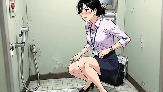 Ein weibliches Mädchen aus dem Toilettenbüro pinkelt