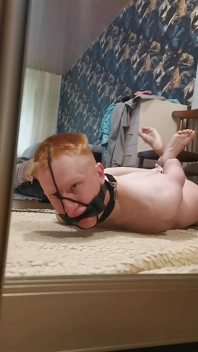 Hogtied Barefoot gagged guy with cumshot on his feet