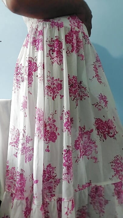 I'm dancing while masterbating in my Pink flowers Silk Seethrough Chiffon Frock