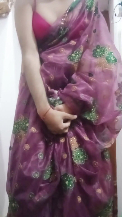 Indian Gay Crossdresser Bottom Gaurisissy showing her big boobs in purple saree | Clip 1