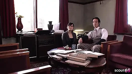 Japanese Glasses Secretary Teen seduce to Suck the Fat Cock of old Guy at Uncensored JAV Porn