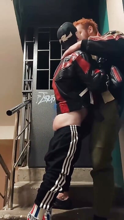 Ginger Guy in Leather Gets on His Knees - Gay Amateur Blowjob
