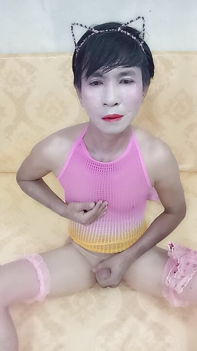 Transgender Oanh Le wears sexy clothes masturbating and ejaculates all over her body