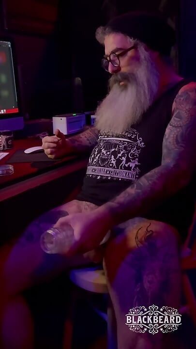 This Is Self Possession, Blackbeard strokes his thick cock, steel ball stretcher, Fleshlight, ropes of cum, shaking orgasm