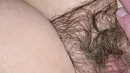 Teasing her hairy pussy and another creampie