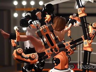 Fuck Machine & Crazy Sex. Male Android Plays with a Horny Girl in Restraints