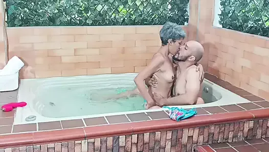 While I'm playing in the jacuzzi my stepson comes to fuck me and fill me with his delicious semen