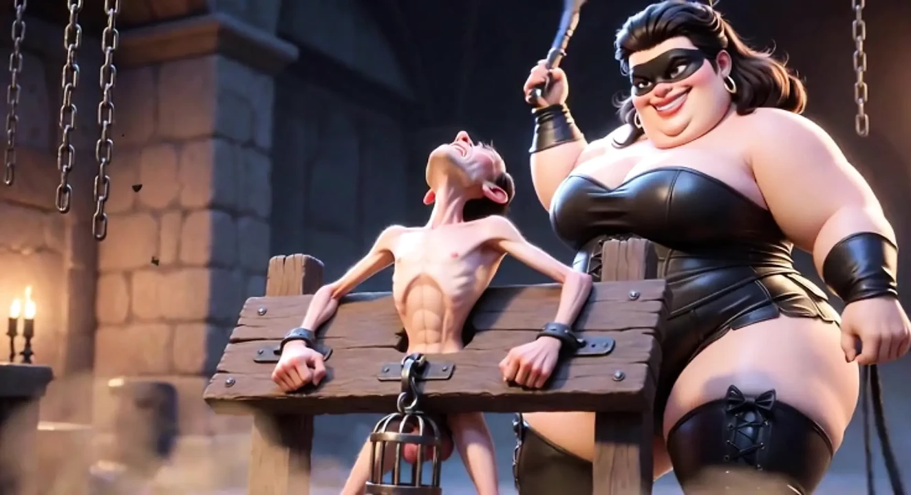 Fat Dominatrix Whips Slaves Caged Penis - Extreme Humiliation