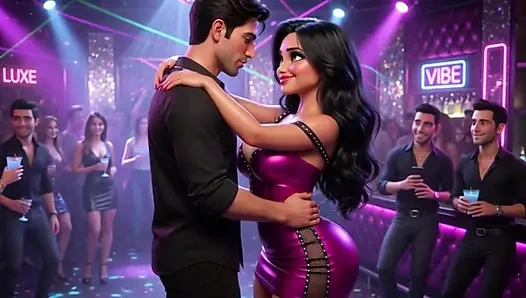 Wanita cantik menikmati malam yang seru di klub yang seru menari ciuman pria dan menjadi benar-benar telanjang di all fours