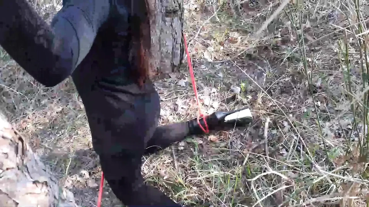 Outdoor sex in the wood. Wearing sexy clothes and high heels, bound, throated and fucked