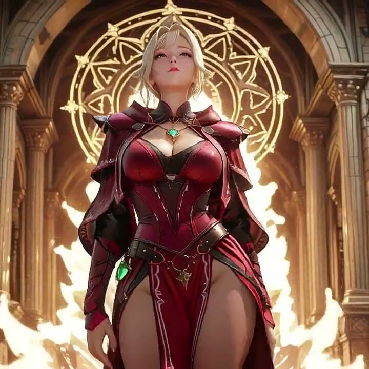 Armure rouge fantastique blanche de la reine des glaces, peau mouillée et poses sensuelles.