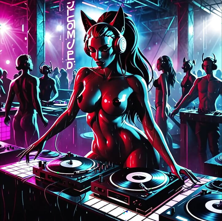 Sexy Demoness DJ Dystopian Cyberpunk Club Synthwave House Techno AI