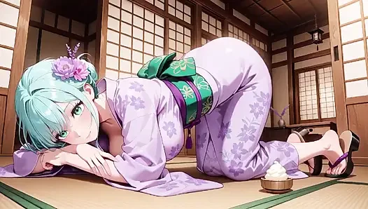 Yeşil saçlı kimono kızının özel sabahı! Mor yukata hafif nemli, Japon odasında yatakta diz çöküp yatıyor