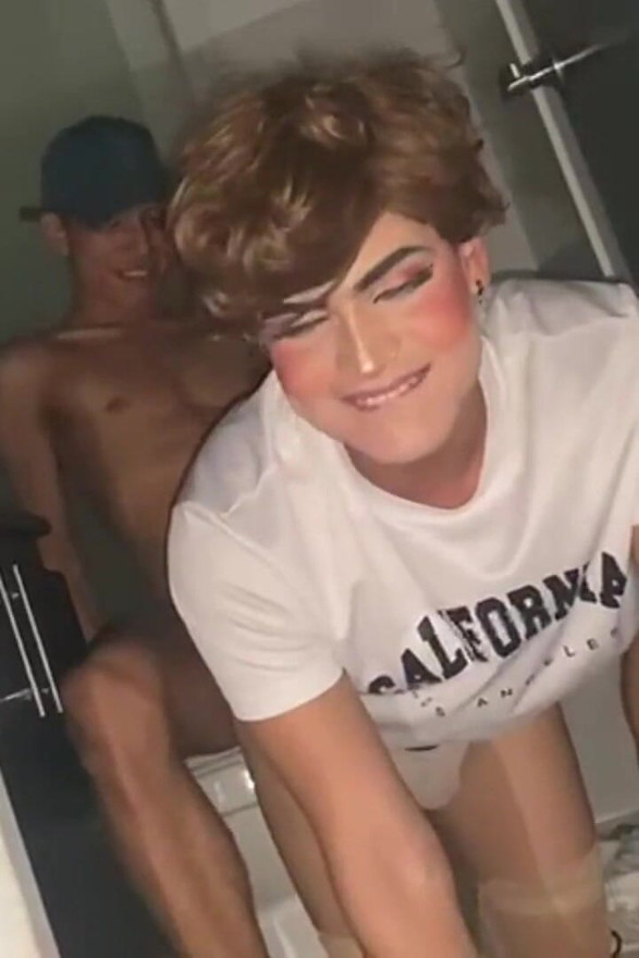 Femboy Plays in the Bathroom and Gets Fucked by the Guy She Met on Grindr