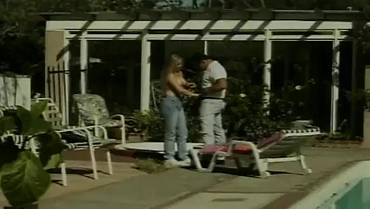 Facial cumshot for a hot blonde babe by the pool