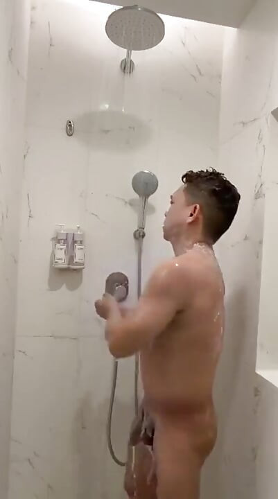 Filipino Muscle Twink Strokes His Hard Cock in Hotel Shower Until He Explodes