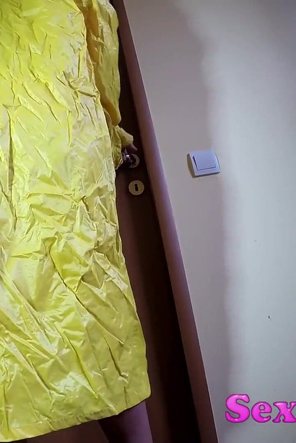 Sexy girl shows her ass in pvc raincoat