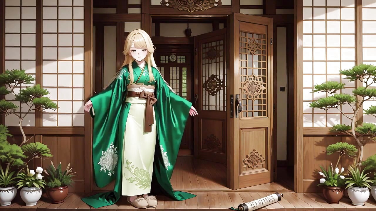 ゆったりとした日本の廊下の朝、彼女は荒い息をつきながら胸に手を当て、ぼんやりとした視線であなたの触れ合いを待っている