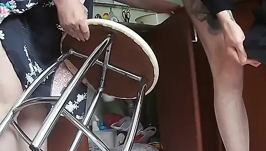 Fat neighbor fucked in pussy and mouth in the kitchen.