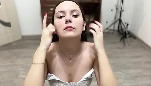 A beautiful skinny girl gives a sloppy blowjob and gets cum in her pussy