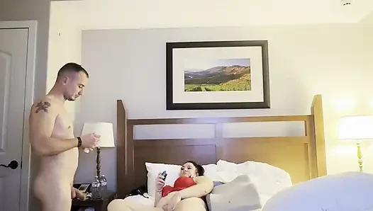 Milf in red outfit with choker is fucked in all the holes