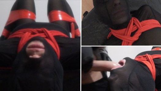 Amateur Bondage: Tied up nylon slut facefucked and jerked on
